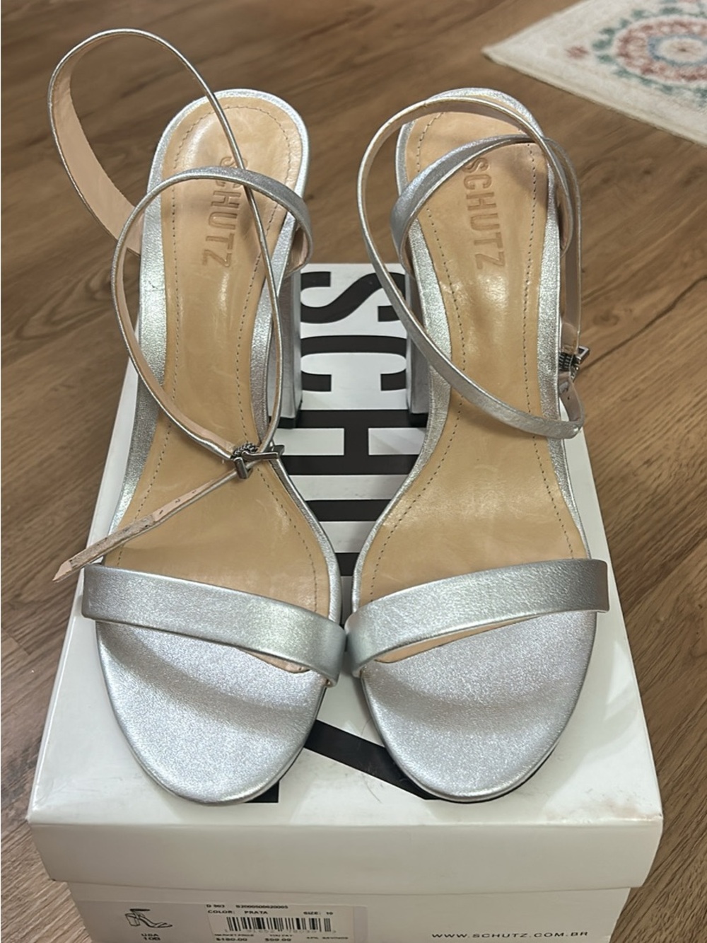 SCHUTZ Silver Metallic Strappy Block Heel Sandals